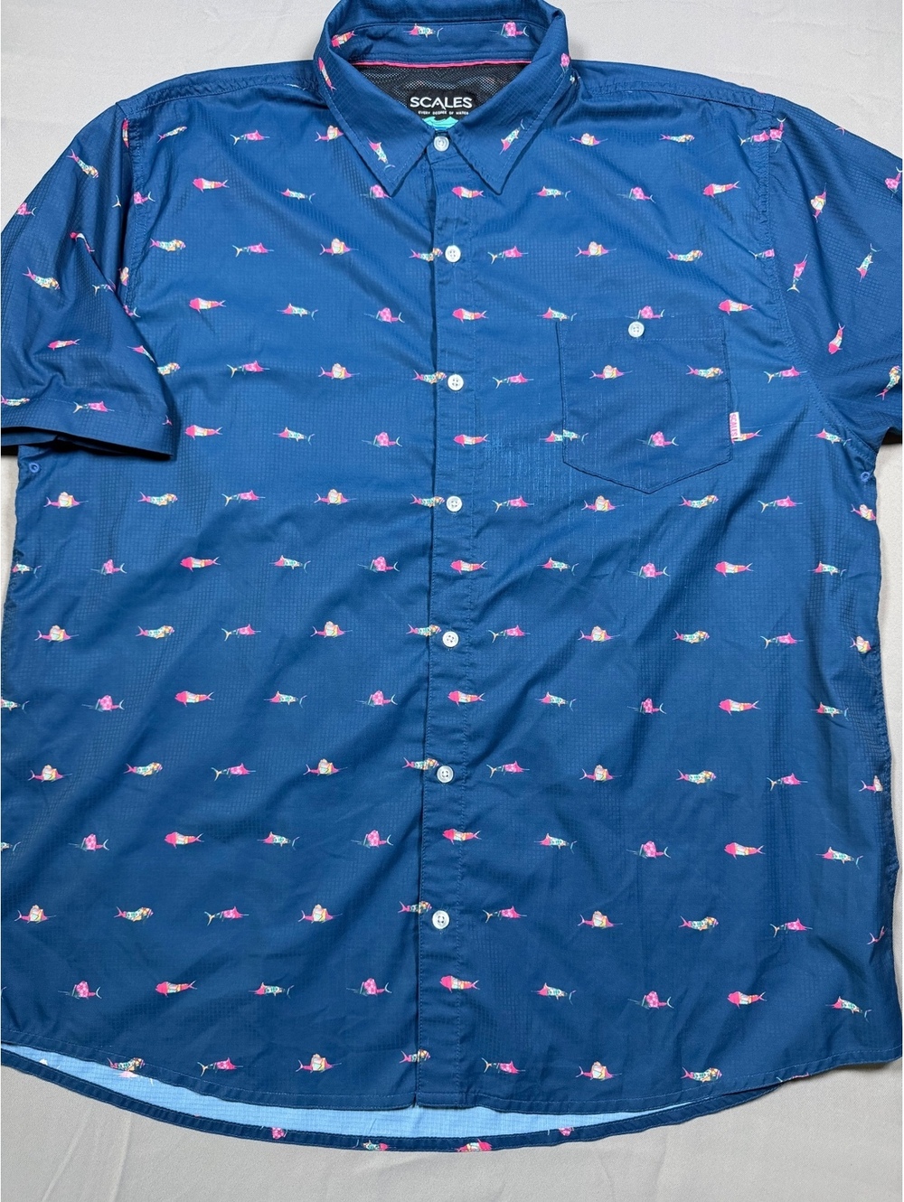 Scales blue marlin print button-up shirt